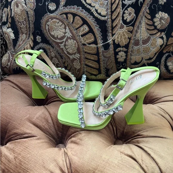 Bright Lime Crystal-Embellished High Heel Sandals by Betsey Johnson. - Picture 6 of 8